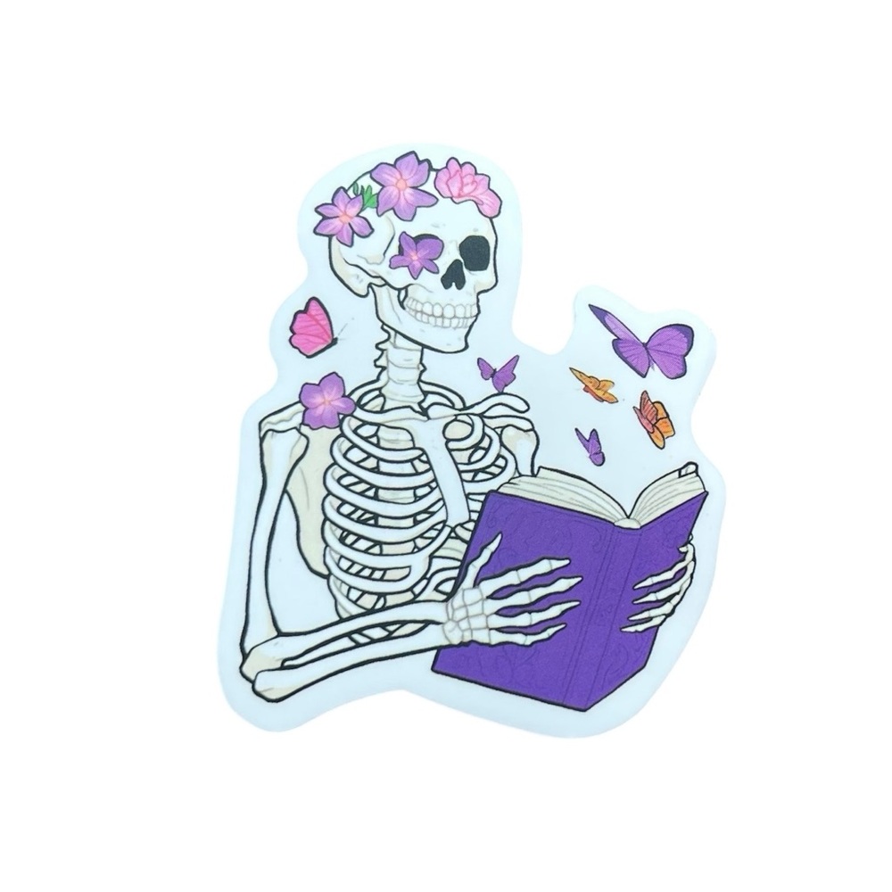 Skeleton Sticker with Purple Book Flowers Butterflies Girly Gothic Book Lover